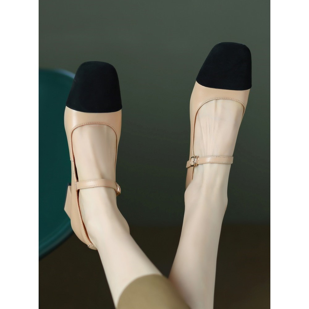 巨显瘦~小众真皮方头拼色复古风