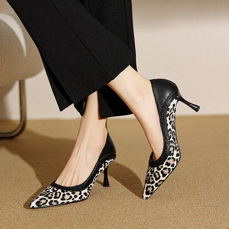 2025年春新款真皮马毛拼接尖头女鞋法式浅口高跟鞋女细跟豹纹单鞋,户外/登山/野营/旅行用品,登山鞋/徒步鞋,淘宝优惠券,粉丝福利购,淘宝优惠卷