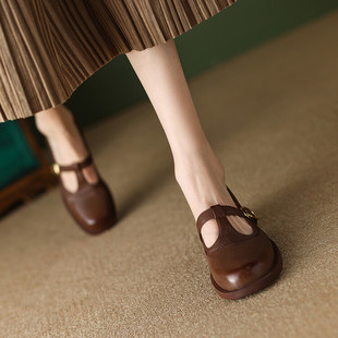 2023冬季新款毛毛鞋鞋复古粗跟加绒小皮鞋T字带兔毛乐福鞋玛丽珍