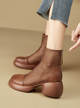 透气马丁靴女黄色网纱厚底凉靴镂空洞洞鞋粗跟松糕底圆头复古短靴