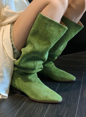 绿色大筒围长筒靴女粗跟春秋季方头绒面骑士靴套筒复古低跟堆堆靴