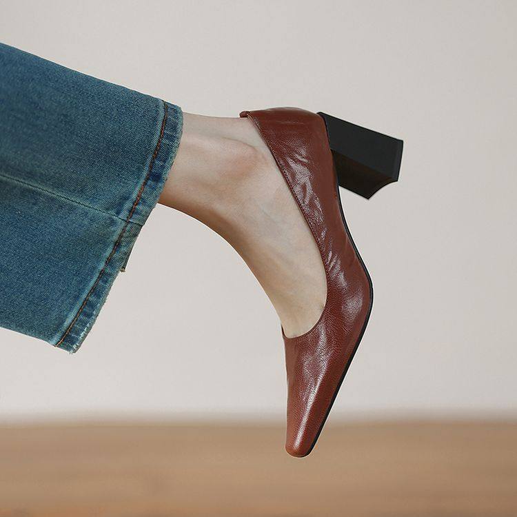 头层羊皮！复古真皮高跟鞋女2025年新款通勤小方头粗跟浅口单鞋女,户外/登山/野营/旅行用品,登山鞋/徒步鞋,淘宝优惠券,粉丝福利购,淘宝优惠卷