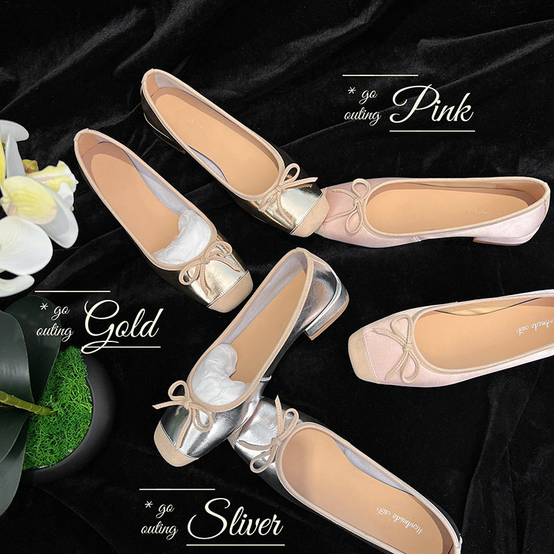 zijin家~可盐可甜！方头拼色浅口奶奶鞋粗跟蝴蝶结玛丽珍单鞋女