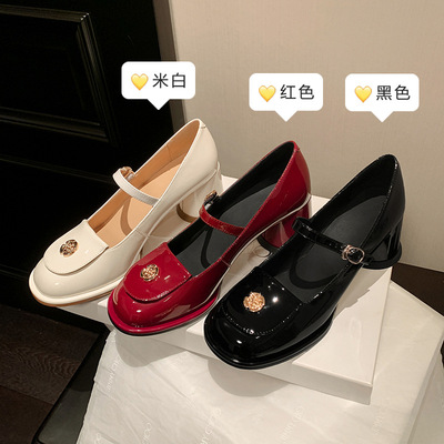 一件代发秋2023新款方头粗跟高跟羊皮浅口单鞋漆皮复古玛丽珍女鞋