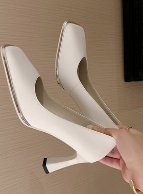 2023春季新款细跟黄色小女鞋方头软皮单鞋时尚女鞋白色职业皮鞋