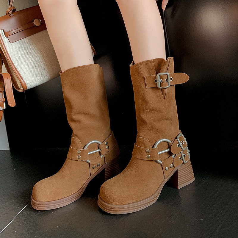 全真皮带扣增高跟鞋女粗跟短靴防水台西部牛仔磨砂皮骑士靴子复古