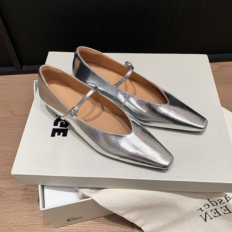 真皮法式银白色羊皮方头V口中低跟玛丽珍女鞋一字带3厘米小跟单鞋