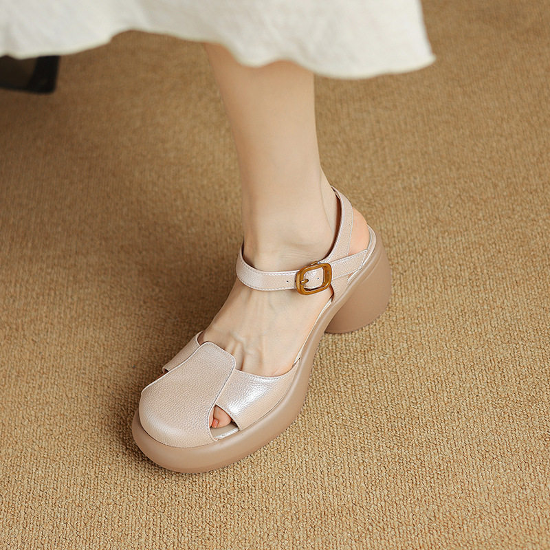 7CM厚底粗跟包头中空凉鞋2024夏新款真皮百搭一字扣带玛丽珍女鞋