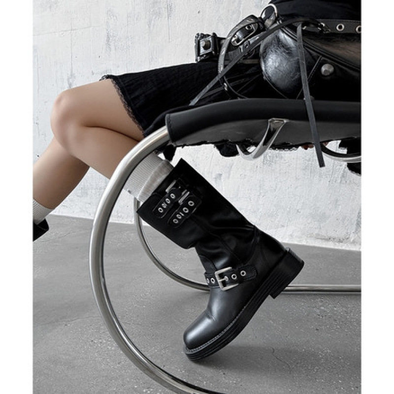 2025新款复古皮带扣后拉链短靴马丁靴女3.5cm粗跟骑士靴西部靴