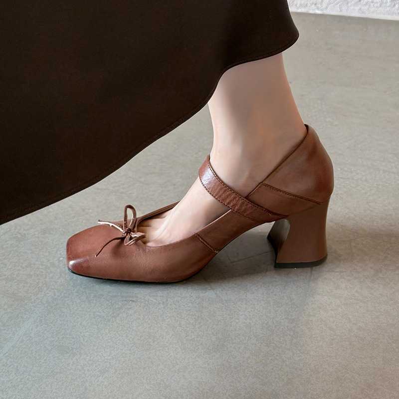 手工女鞋~7cm高跟复古气质方头玛丽珍鞋春秋季蝴蝶结真皮粗跟单鞋