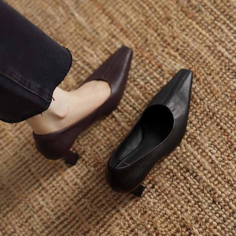 2025秋季新款方头细跟高跟女鞋真皮浅口单鞋百搭里外全皮工作鞋