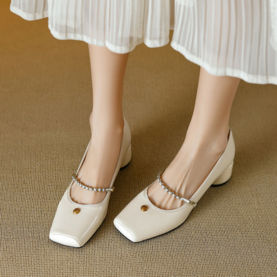2025春季新款法式复古方头浅口一字带链条玛丽珍鞋女粗跟百搭单鞋