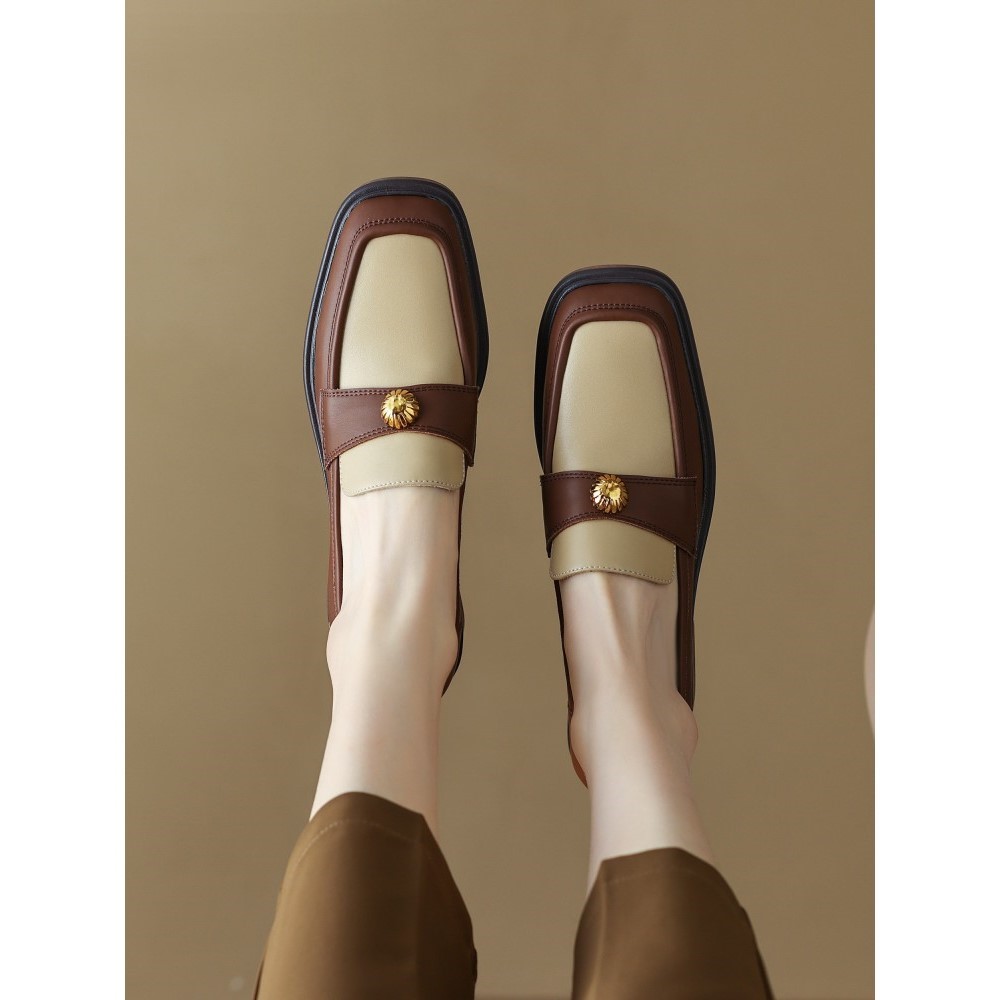 英伦风复古拼色方头深口单鞋低粗