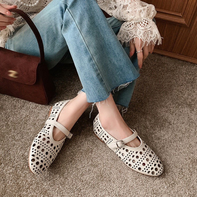 2025法式镂空平底单鞋女芭蕾舞鞋洞洞船鞋小皮鞋真皮银色懒人鞋夏