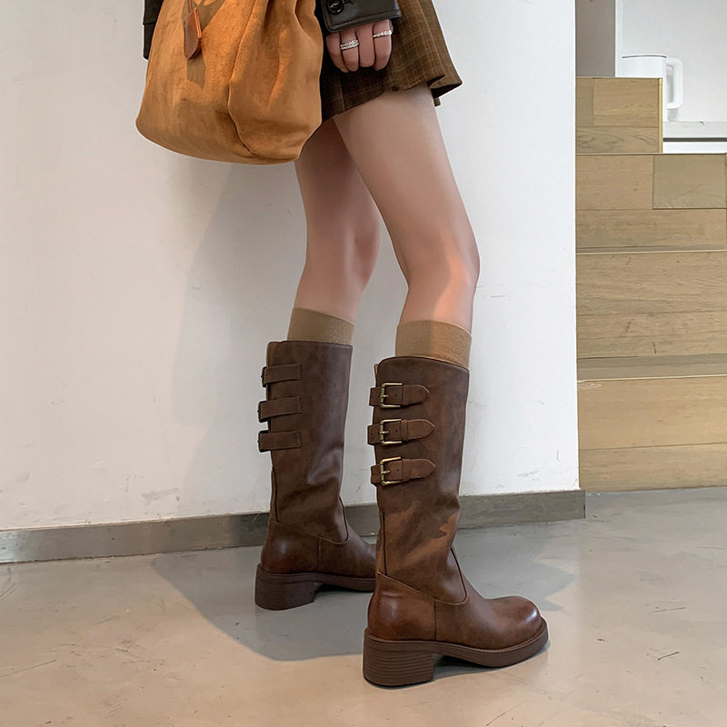 FairyWink美拉德fan～！擦色可调大筒皮带扣骑士靴女粗跟西部长靴,户外/登山/野营/旅行用品,登山鞋/徒步鞋,淘宝优惠券,粉丝福利购,淘宝优惠卷