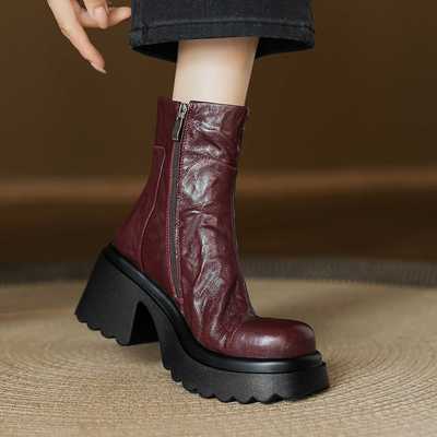 粗跟高跟弹力瘦瘦靴真羊皮短靴女2025新款英伦风小个子增高马丁靴