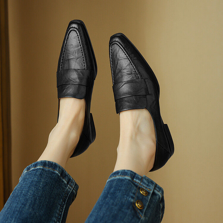 春秋季尖头头层牛皮乐福鞋女低跟英伦风平底鞋女舒适软底深口单鞋,户外/登山/野营/旅行用品,登山鞋/徒步鞋,淘宝优惠券,粉丝福利购,淘宝优惠卷