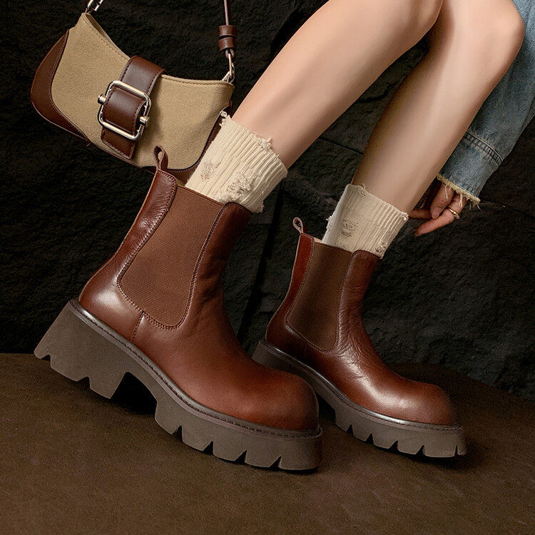 2023年新款厚底马丁靴高跟瘦瘦靴英伦风粗跟切尔西靴女松紧带短靴