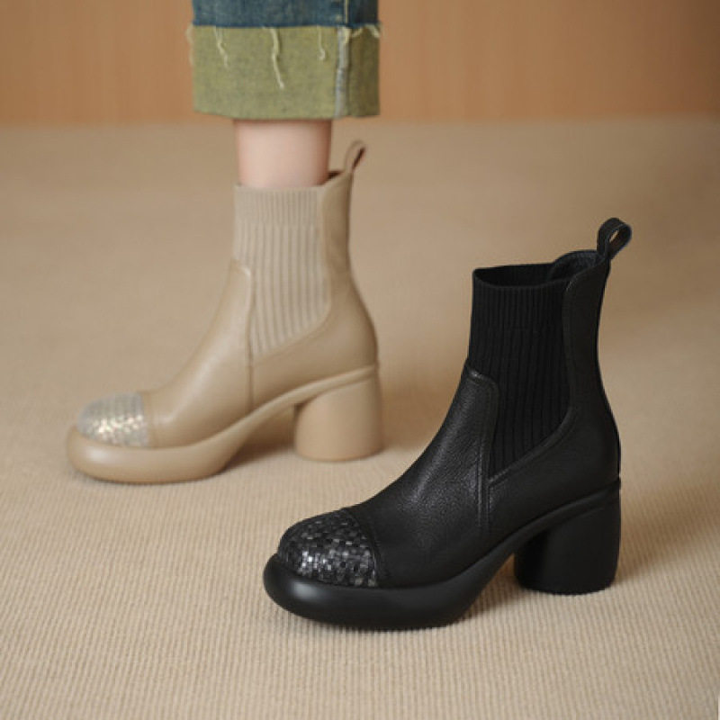 成都手工女鞋复古圆头粗跟高跟短靴女秋冬真皮针织瘦瘦靴马丁靴,女鞋,弹力靴/袜靴,淘宝优惠券,粉丝福利购,淘宝优惠卷