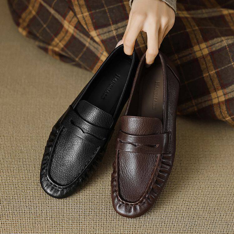 软皮软底深口一脚蹬慵懒风乐福鞋2025春季新款百搭圆头单鞋女