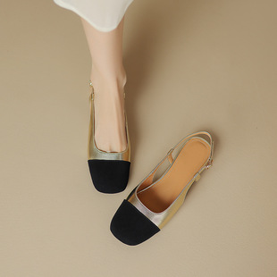女2023夏小香风粗跟后空鞋 真皮拼色包头凉鞋 巨舒适 非侈Feichi