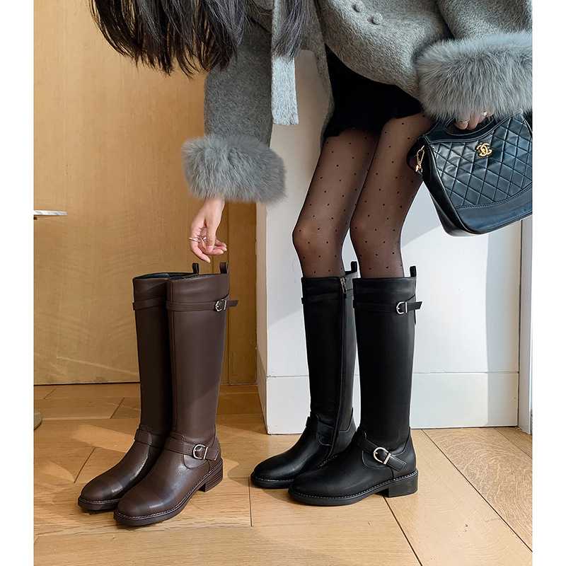 2025真皮法式粗跟显瘦高筒靴骑士靴皮带扣大筒围不过膝纯色长筒靴