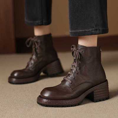 头层牛皮！做旧高级感粗跟百搭短靴女2025新款真皮中跟厚底马丁靴