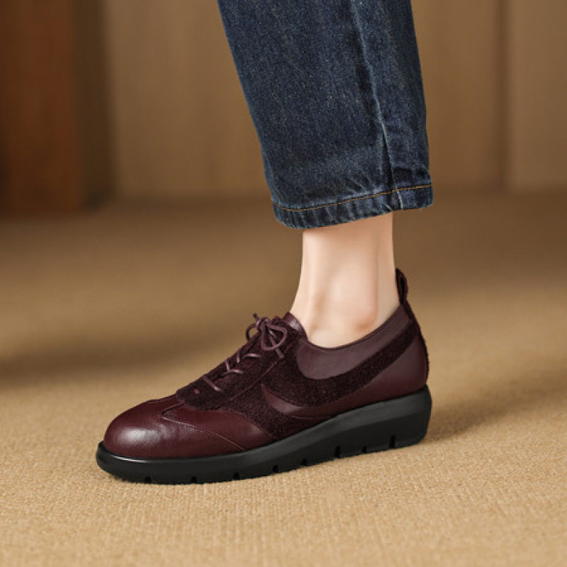 女士拼接帅气小皮鞋2025年新款圆头坡跟中跟系带德训休闲深口单鞋,女鞋,深口单鞋,淘宝优惠券,粉丝福利购,淘宝优惠卷