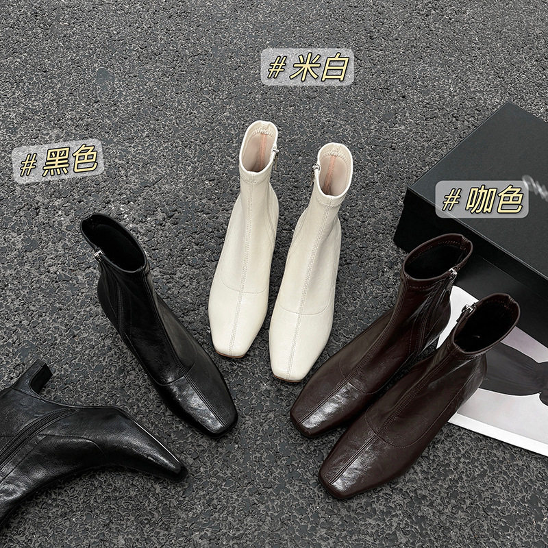 ins风韩版极简方头粗跟瘦瘦靴2024秋季新款侧拉链百搭舒适短筒靴