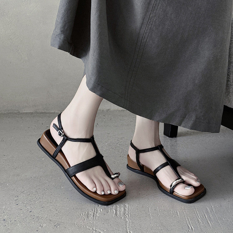 小众设计感羊皮夹趾凉鞋女外穿2025夏新款 凉鞋百搭厚底坡跟女鞋