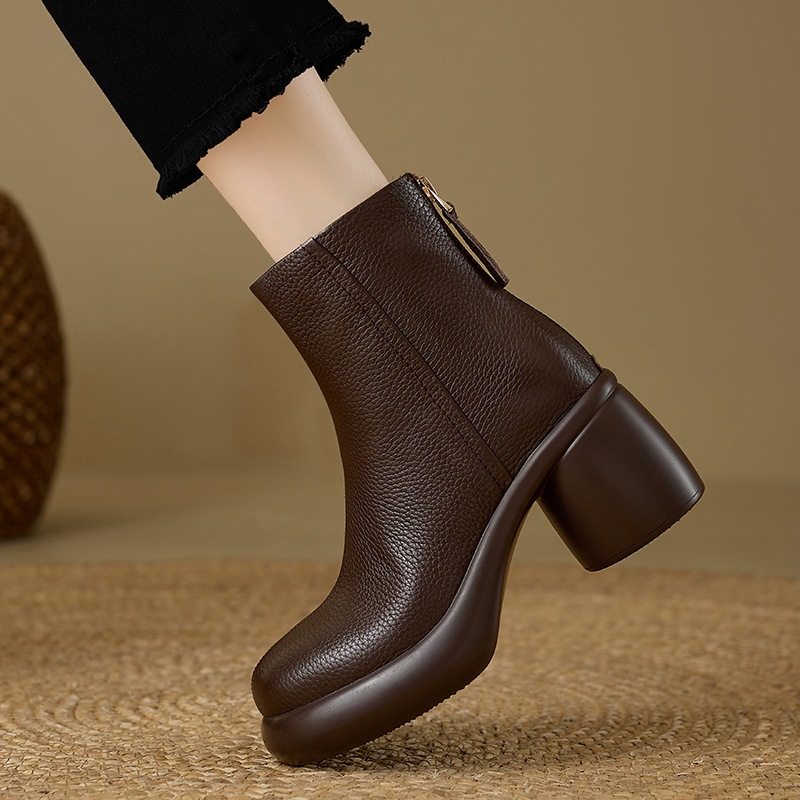 2024头层牛皮短靴女春秋单靴子粗跟高跟厚底冬季加绒真皮马丁靴女