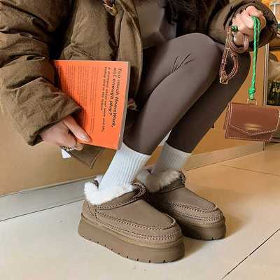 2025冬季新款雪地靴女款加绒保暖时尚百搭厚底增高真皮低跟短靴女