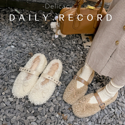 法式平底毛毛鞋女2024年新款蝴蝶结加厚玛丽珍加绒保暖羊羔毛单鞋