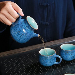 整套简约浮翠蓝玉陶瓷办公室泡茶壶盖碗功夫茶具家用 高端茶具套装