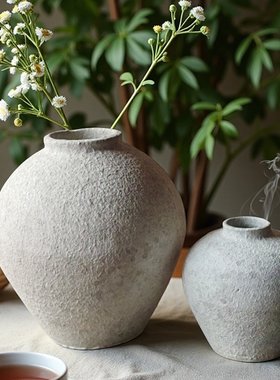 中式复古手工粗陶花瓶陶瓷大肚花器大号客厅玄关装饰品摆件