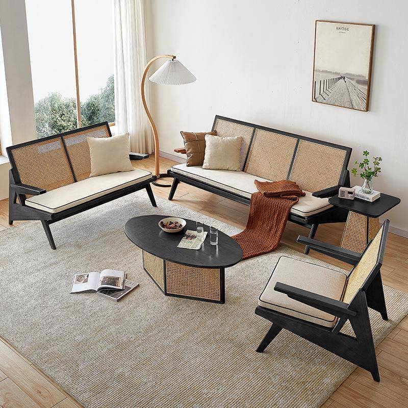 藤本家具 日式侘寂风实木藤编沙发组合双人位复古昌迪加尔休闲椅