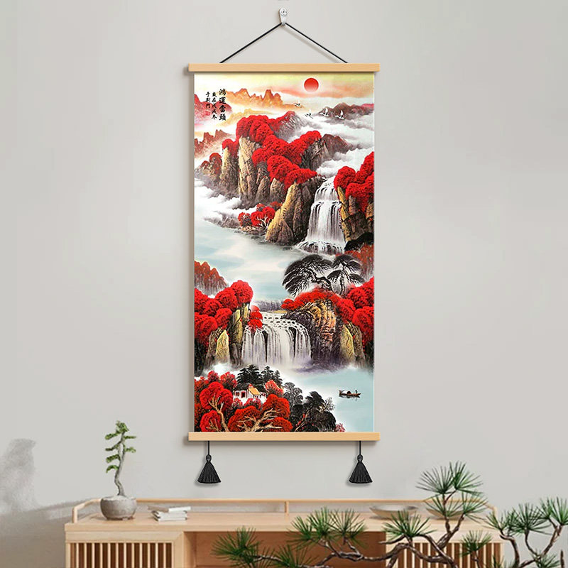 鸿运当头入门实木挂画新中式玄关装饰画竖版山水画客厅办公室壁画