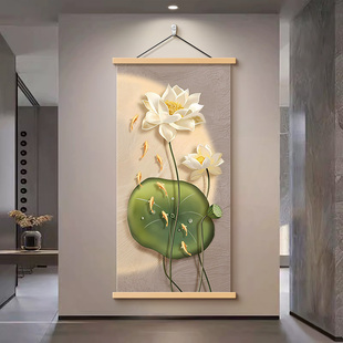 新中式荷气生财玄关装饰画高级感走廊过道挂画客厅背景墙竖版壁画