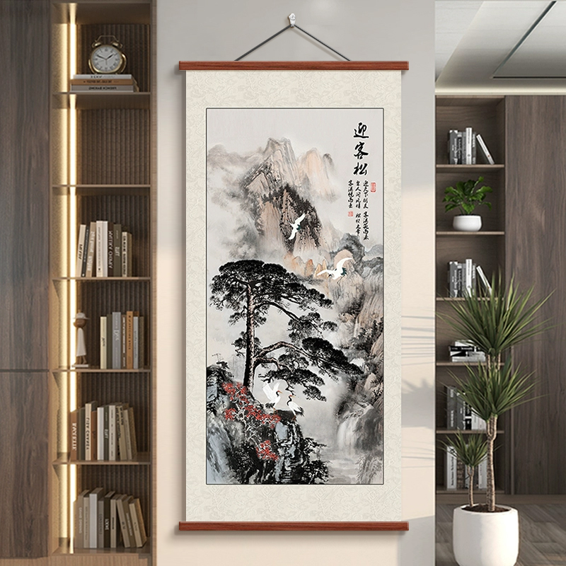 迎客松客厅装饰画新中式入户玄关画客厅挂画墙壁画走廊山水画布