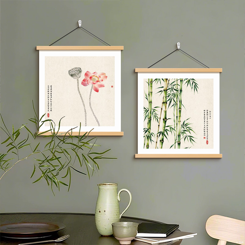 新款中式荷花装饰画挂画客厅餐厅简约花鸟壁画遮挡墙画竹子布艺画图片