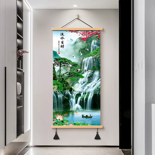 山水风景挂画流水生财装 饰画壁画实木客厅沙发办公室背景墙画玄关