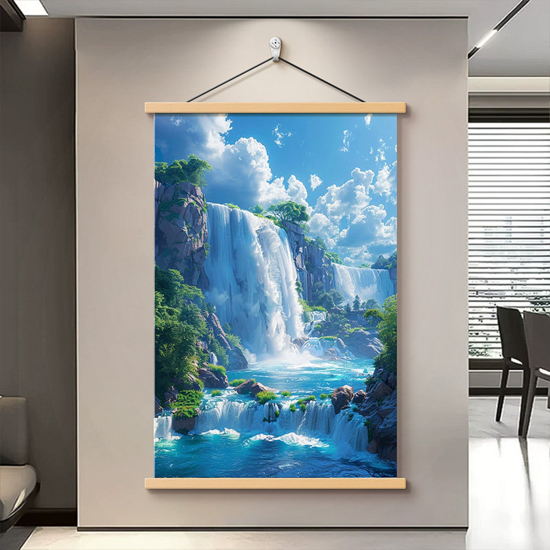 聚宝盆瀑布山水画客厅装饰画沙发背景墙壁画玄关竖版招财瀑布挂画,家居饰品,现代装饰画,淘宝优惠券,粉丝福利购,淘宝优惠卷