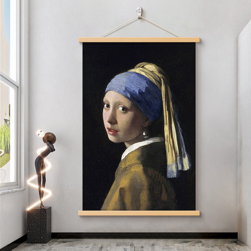 复古油画装饰画客厅沙发背景墙梵高挂画戴珍珠耳环的少女卷轴壁画