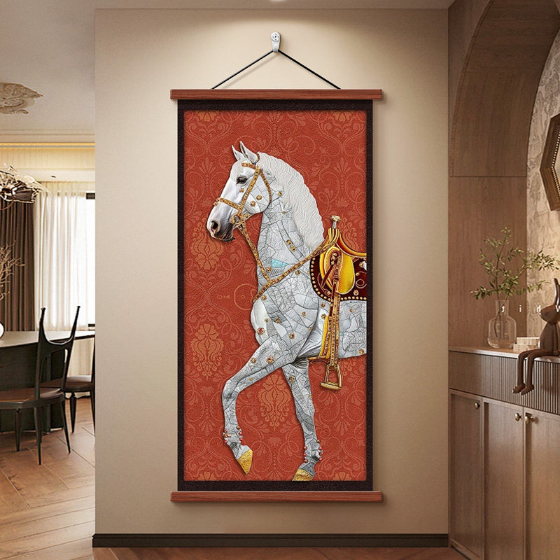 法式复古风玄关装饰画马到成功走廊尽头挂画新中式骏马图入户壁画,家居饰品,现代装饰画,淘宝优惠券,粉丝福利购,淘宝优惠卷