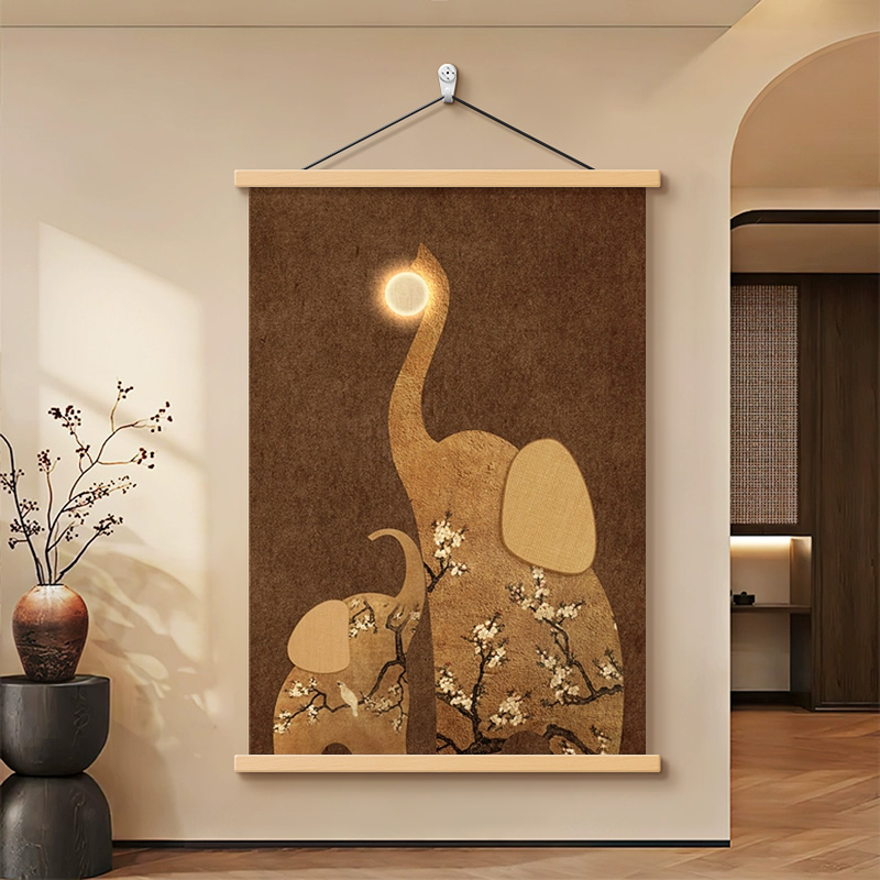 吉象中古风玄关装饰画法式复古沙发背景墙挂画好寓意艺术大象壁画图片