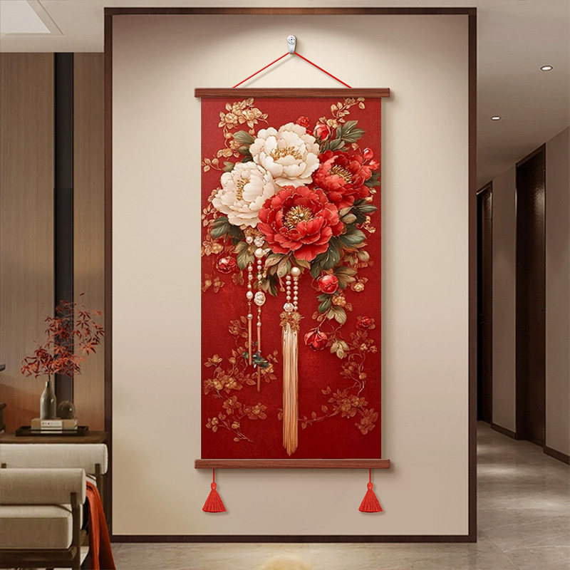 花开富贵装饰画2026新款牡丹玄关卧室喜庆轻奢卷轴画红色婚庆礼品