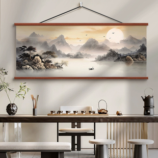 山水风景装 客厅大气横版 饰画 流水生财挂画2025新款 画堂主现代中式
