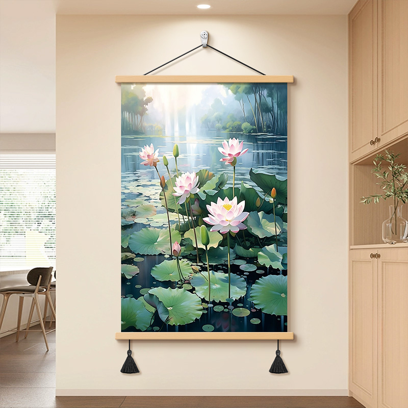 夏日荷花电表箱遮挡光影莲花装饰画客厅玄关卧室床头走廊布艺挂画图片