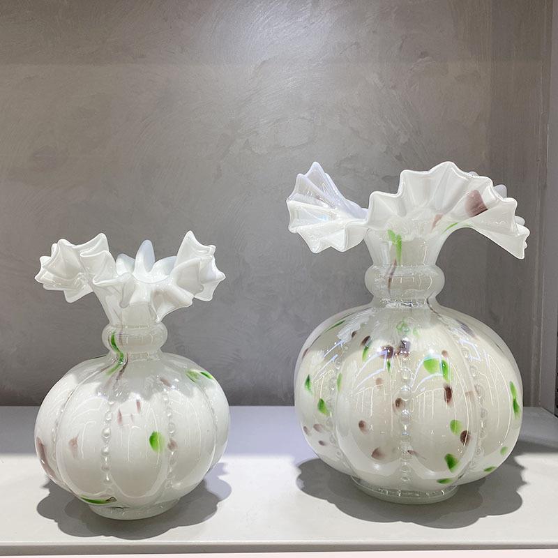 中古珠光白豆瓣芬顿花瓶复古小南瓜玻璃桌面花瓶家用插花水培花器
