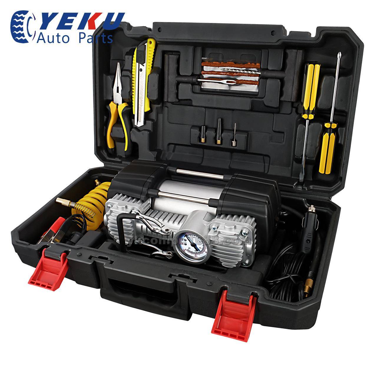 YK-201H12V车载轮胎充气泵双缸快速充气点烟器电瓶夹两用接头带